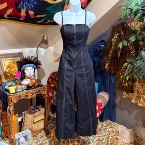 Pixie Market Black Contrast Stitch Wide Leg Jumpsuit XS Front Zip Open Back Tie